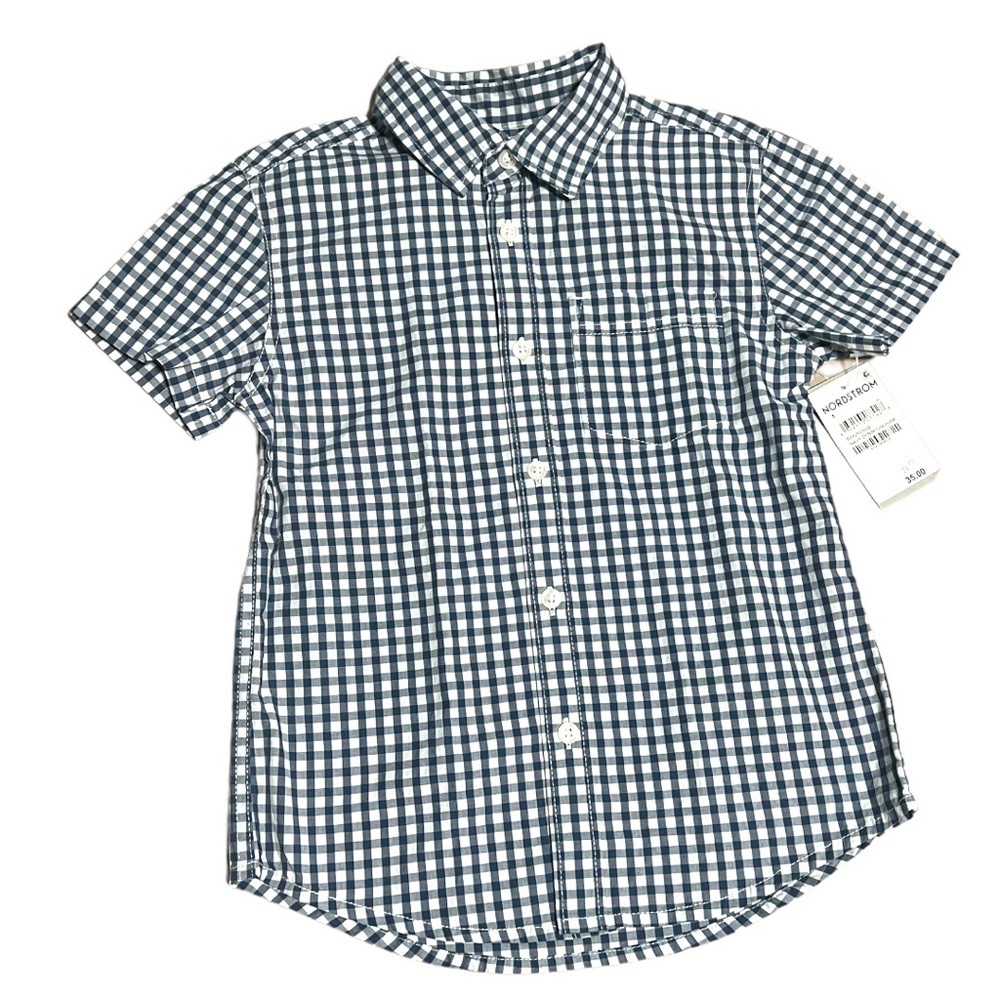 NWT Nordstrom Boys Navy and White Gingham Short Sleeve Button Down Size 5